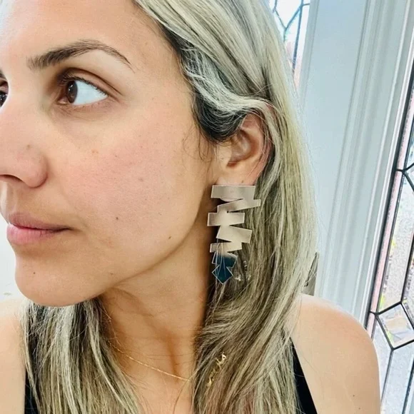 2/$30🌵 Silver Mirror Zig Zag Earrings Statement Tribal Geometric Aztec Gift NEW - Picture 3 of 11